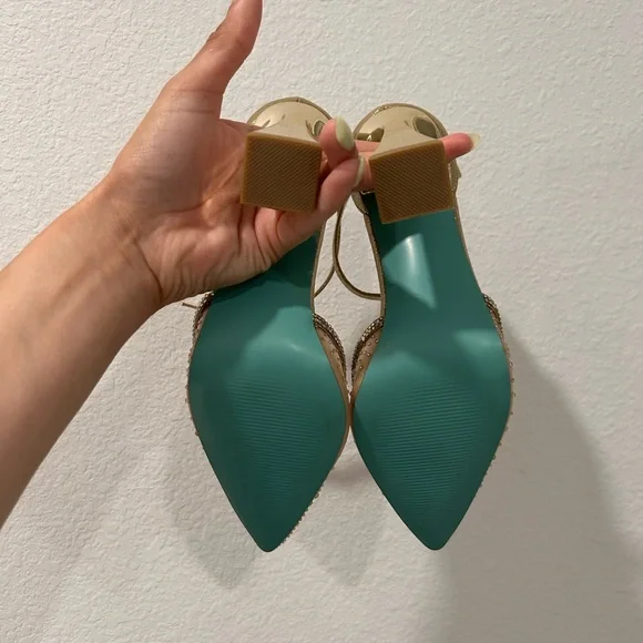 Betsey Johnson Gold and Tan Slingback Heels - Picture 6 of 11